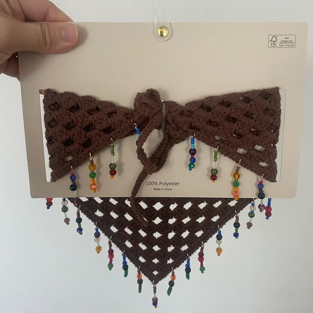 Piper Brown Crocheted Beaded Triangle Bandana
